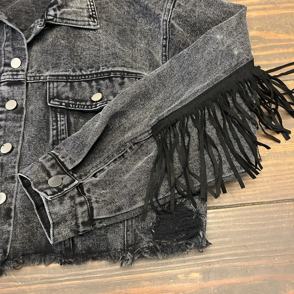 Shein Distressed, Thrashed Black Denim Jacket, Holes Cropped Fringe Size Large - Picture 5 of 13